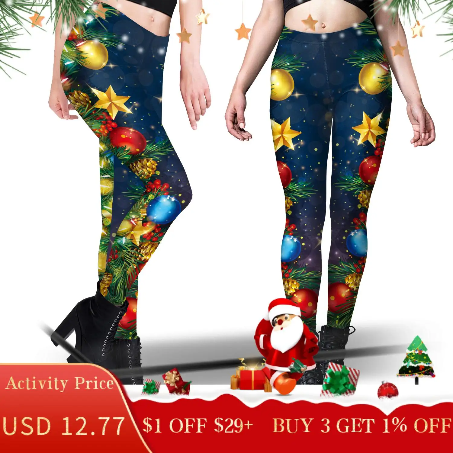 

Zawaland New Merry Christmas Leggings High Waist Elasticity Women Christmas Tree Printed Striped Snow Leggings Punk Pants