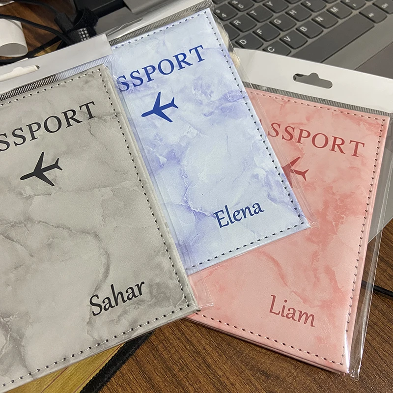 Soporte de pasaporte personalizado con grabado láser, billetera de viaje, funda de patrón de mármol para pasaporte, funda de pasaporte con nombres