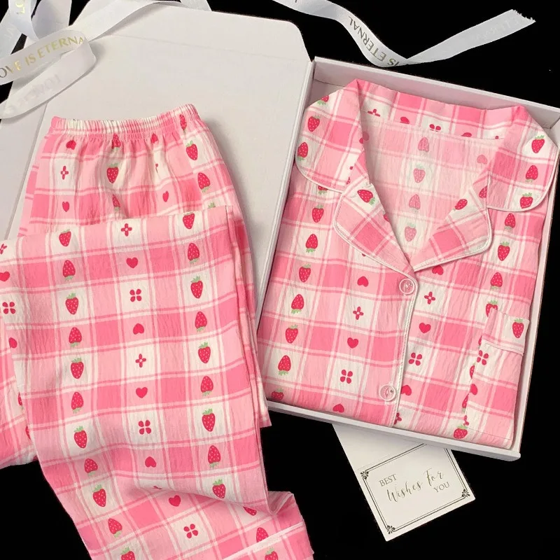 Strawberry Pajamas Women Long Sleeve Set Loungewear Plus Size Nightwear Ladies Sleepwear Checkered Striped Heart-Shaped Pattern