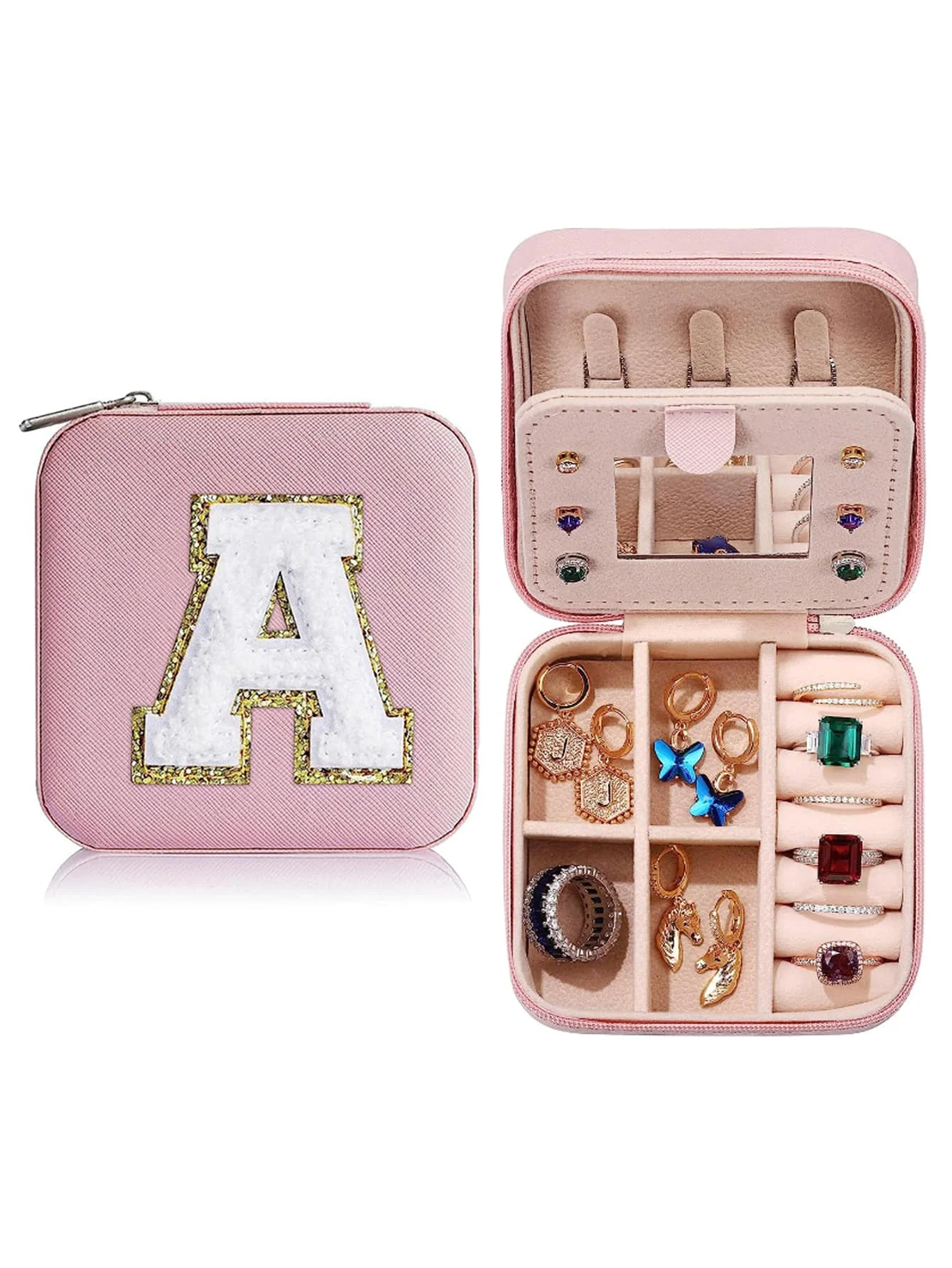 

Travel Jewelry Case for Women Girls,Portable Jewelry Box with Letters 2-Layer Jewelry Storage Mini Jewelry Case Travel Must Have