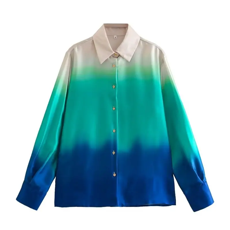Faionable Tie Dye Print Long Sve Collar irt Spring New Arrival Women's Clothing Commute Sle Pure Color Button D...