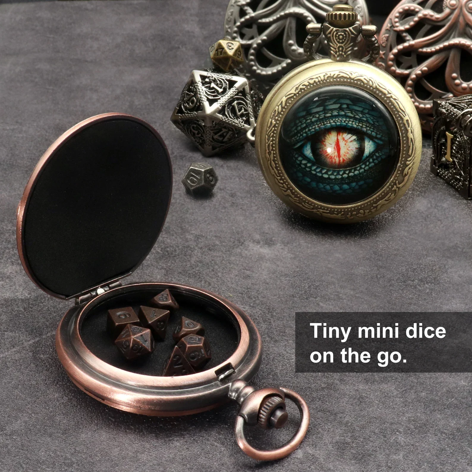 Five Dragon Head Pocket Watch DND Dice Jewelry 7pcs Metal Dices Pocket Watch Case Retro Carving Pocket Watch dice box Pendant