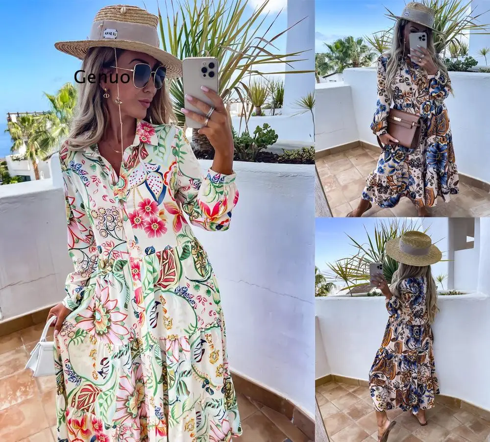 

Elegant Chiffon Floral Print Long Sleeve Dress Sexy Deep V Hollow Out Mini Party Dress Summer Chic Backless Lace-up Beach Dress