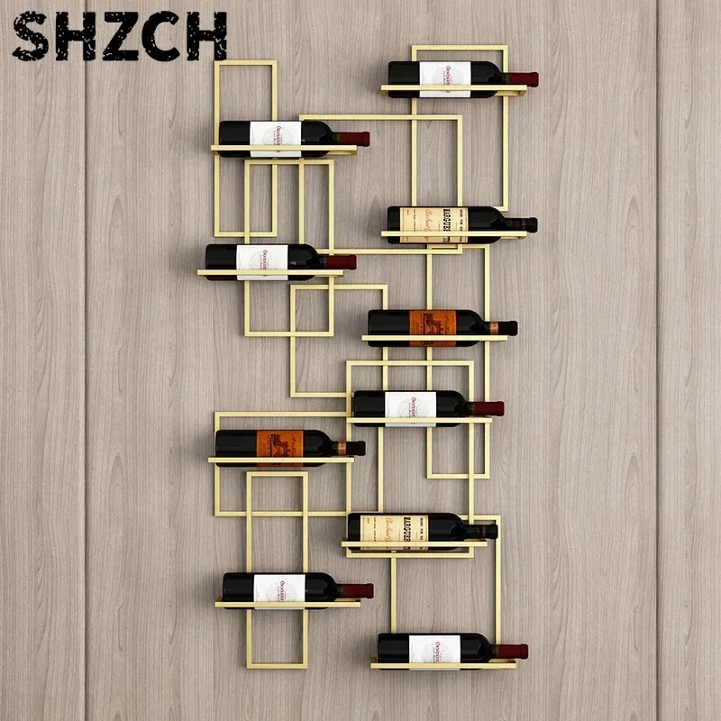 European Style Wall-Mounted Wine Rack Decorative Faux Gold Metal Glass Hanger Space-Saving Home Bar Storage Organizer