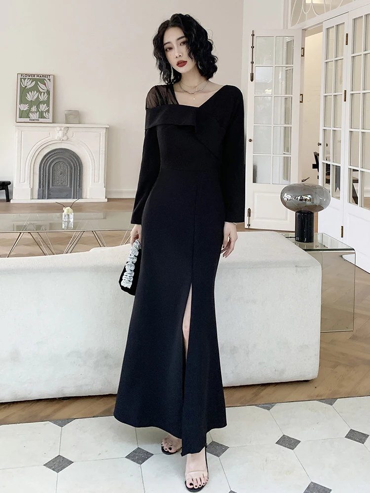 

Ele Bla Evening Gown Women's Faionable Birthday Par Ballroom High Waist Long Sve Slim Fit Single oulder Dr