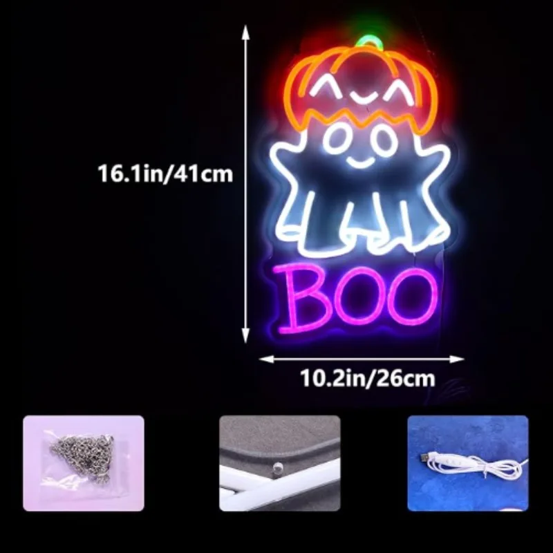Pumpkin hat with Boo neon sign, cute ghost pumpkin, suitable for trick or treating Halloween party, wall decoration gift