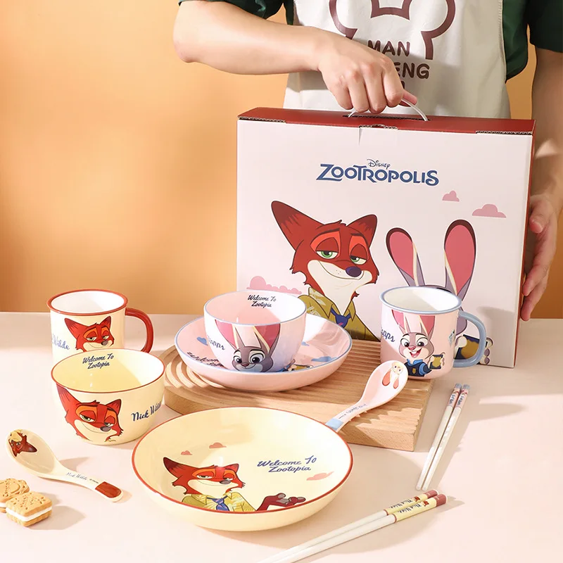 Kawaii Disney Zootopia Anime Hobby Judy Hopps Nick Wilde Cartoon Ceramic Mug Breakfast Bowl Snack Plate Spoon