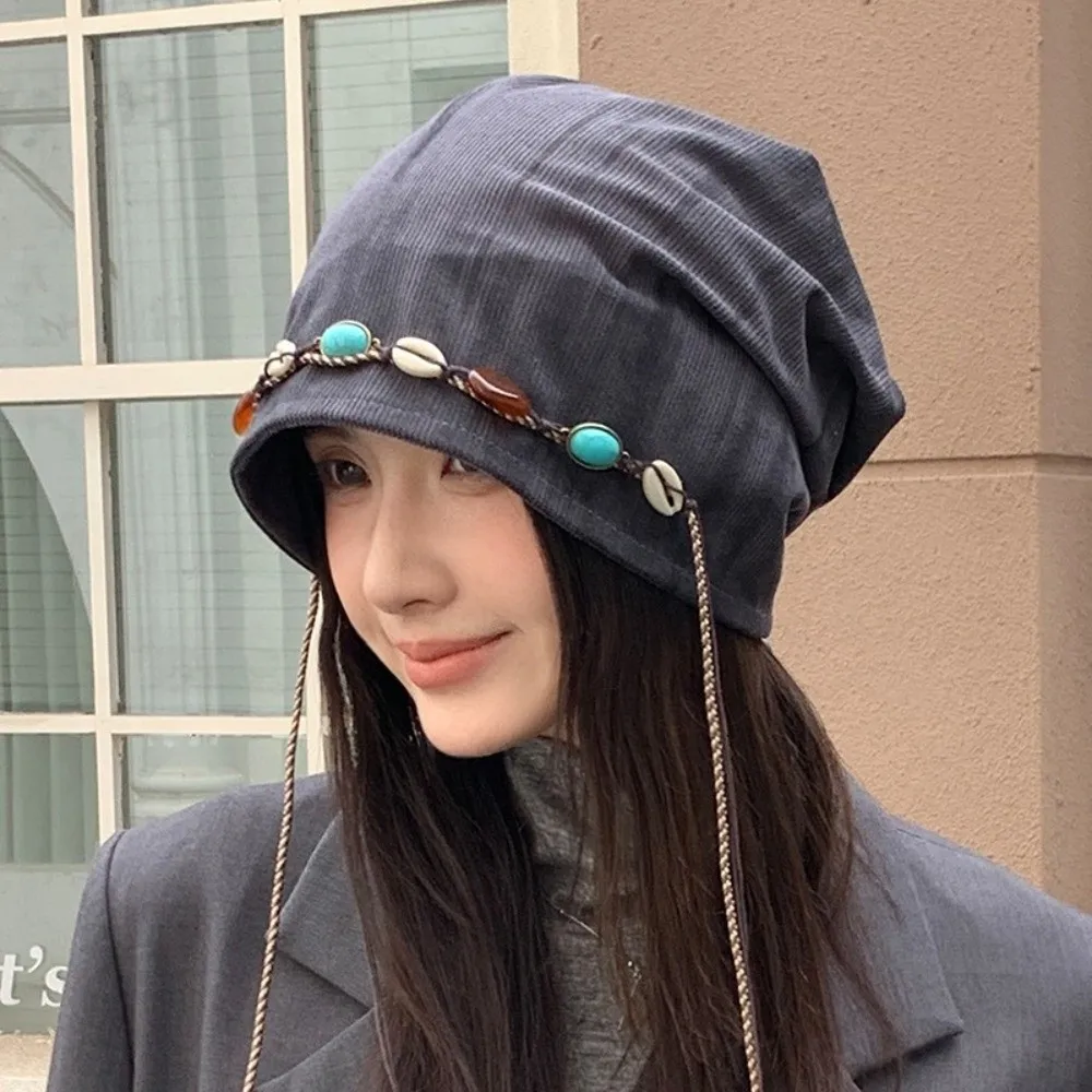 

Vintage Beaded Decor Y2k Baggy Cap Korean Style Ethnic Style Beanies Cap Big Head Circumference Warm Pullover Hats Autumn Winter