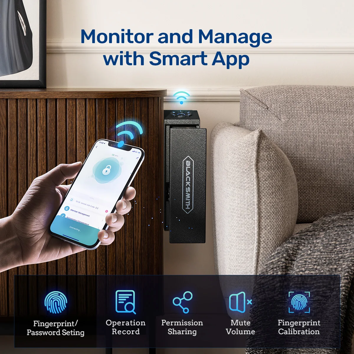 Blacksmith SF0203 Biometric Handgun Gun Safe Slider Fingerprint Hand gun Safe Bedside Pistol Safe For Desk Car Truck