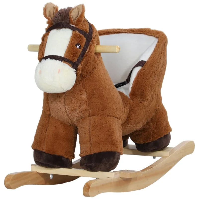 Baby Rocking Horse, Plush Animal Rocker with Sound, Wooden Base, & Safety Belt for Ages 18-36 Months, Brown