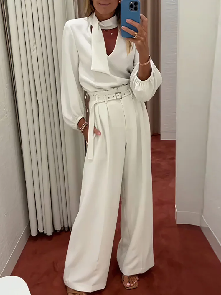 Drauuing V Neck Blouse And Pants White Outfits Female Wide Leg Pants Loose Two Piece Sets Women Pants Street Wear Matching Suit