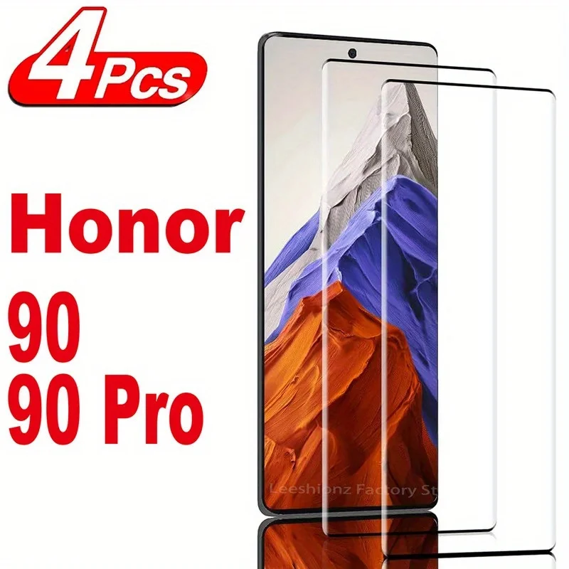 4 قطع واقي شاشة ثلاثي الأبعاد من الزجاج المقسى لهاتف Honor 90 90Pro - غطاء فيلم مع طلاء مضاد للبصمة ومضاد للكسر