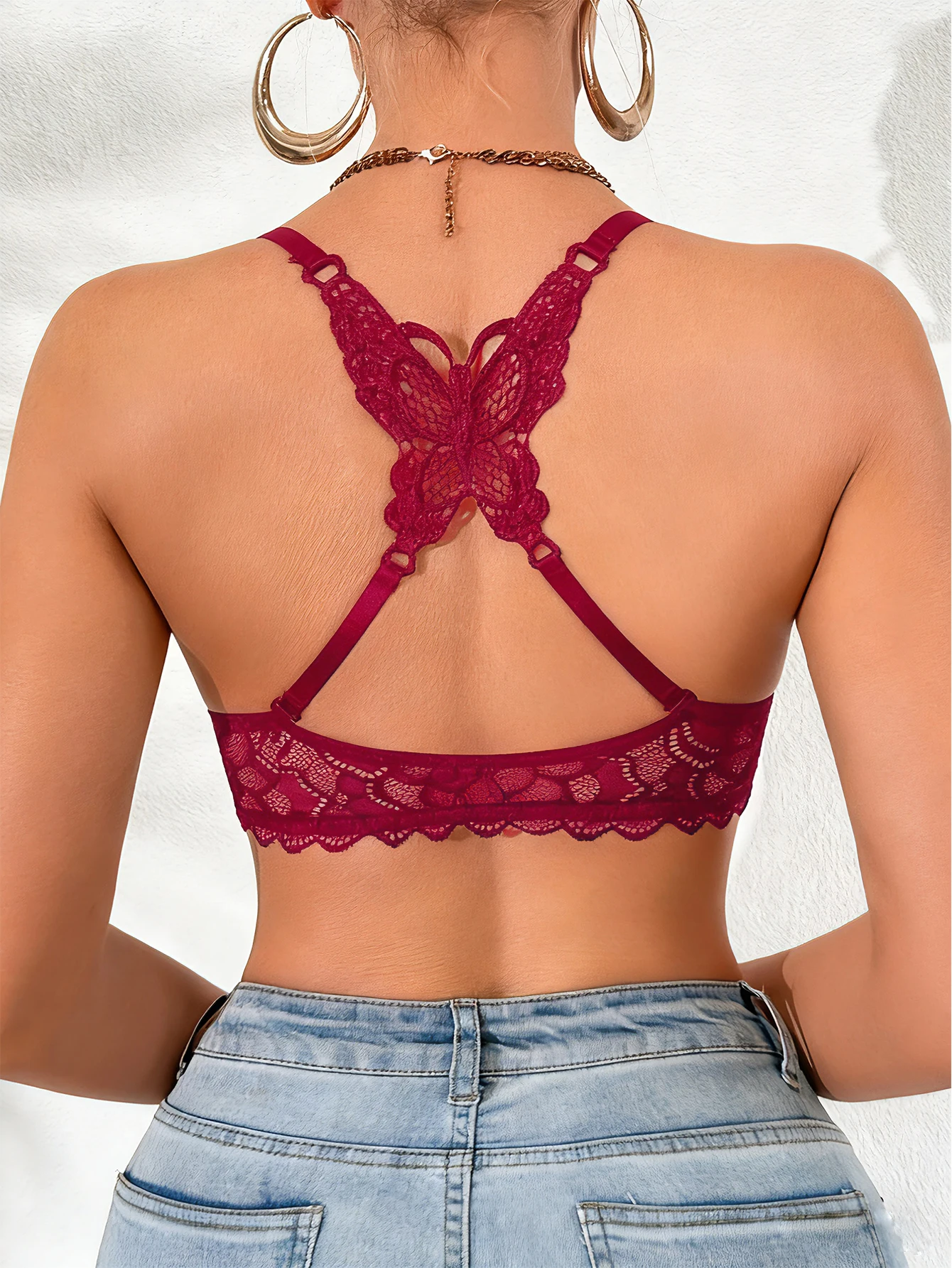 Butterfly Back Damen Spitzen-BH Sexy Vorderverschluss Push-Up BH Mehrweg-Träger Dessous