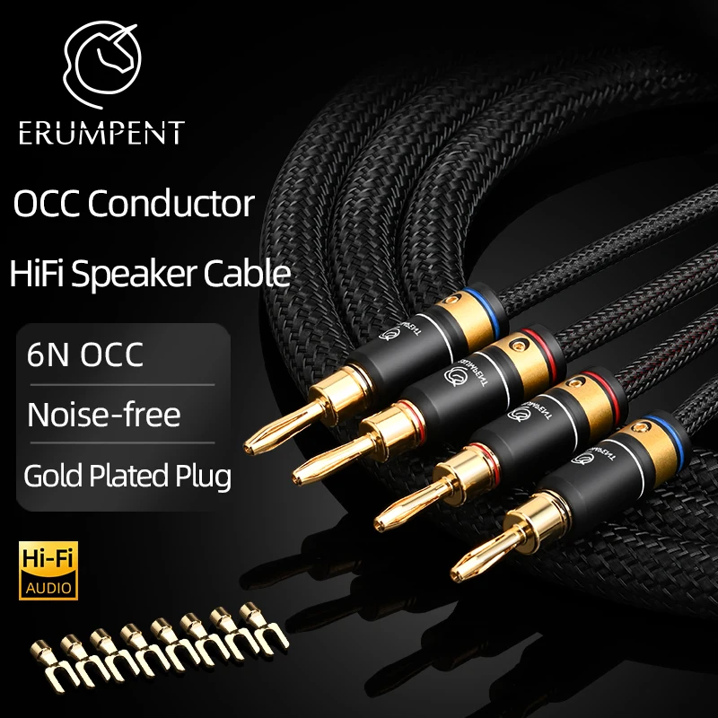 ERUMPENT OCC Plated Silver HiFi Speaker Cable Hi-end Gold Plated Banana Spade Y Convertible Plug Professional Loudspeaker Wire