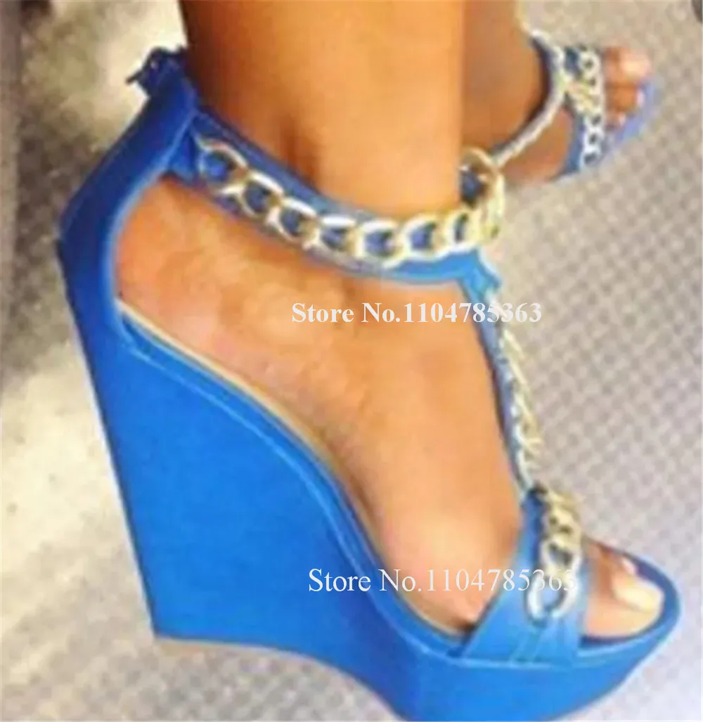

Western Fashion Ankle Straps Gold Chains Wedge Sandals Peep Toe Blue White Black T-straps High Platform Wedges Big Size