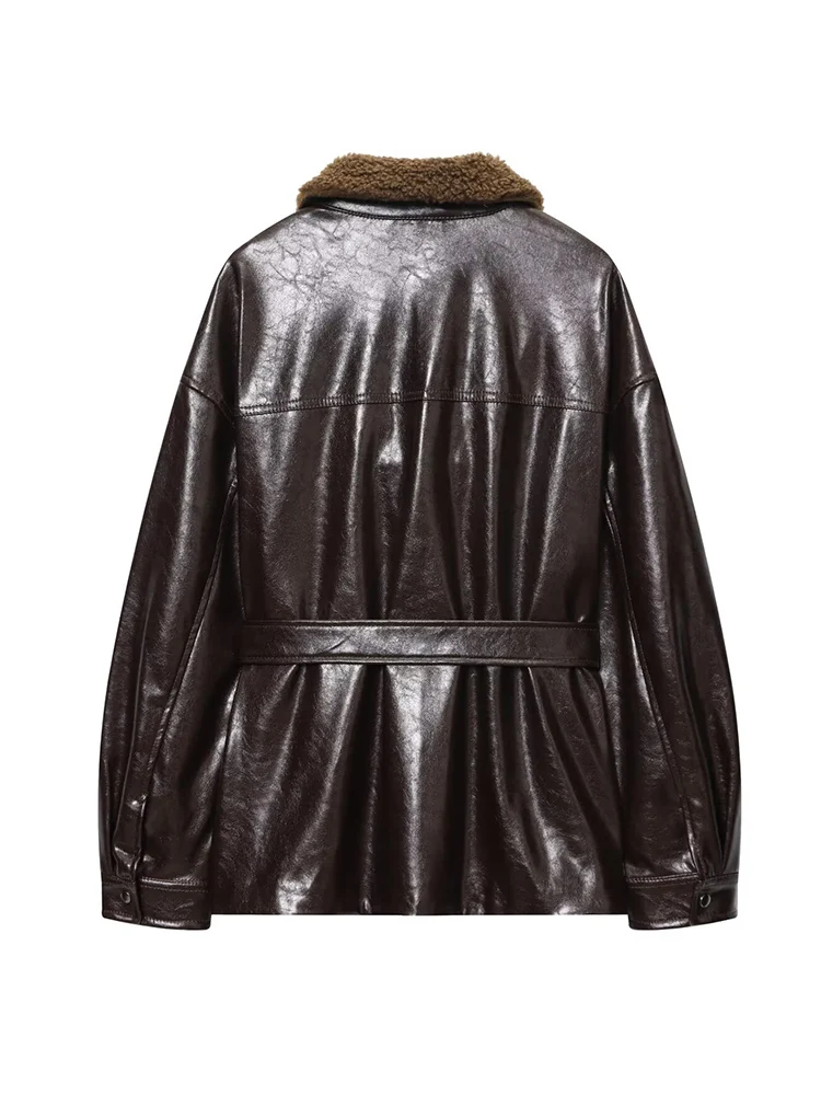 TFMLN Winter Faux Leder Jacken für Frauen Pelz Kragen Multi-Tasche PU Leder Gürtel Mantel Casual Solide Lose Outwear weibliche Neue