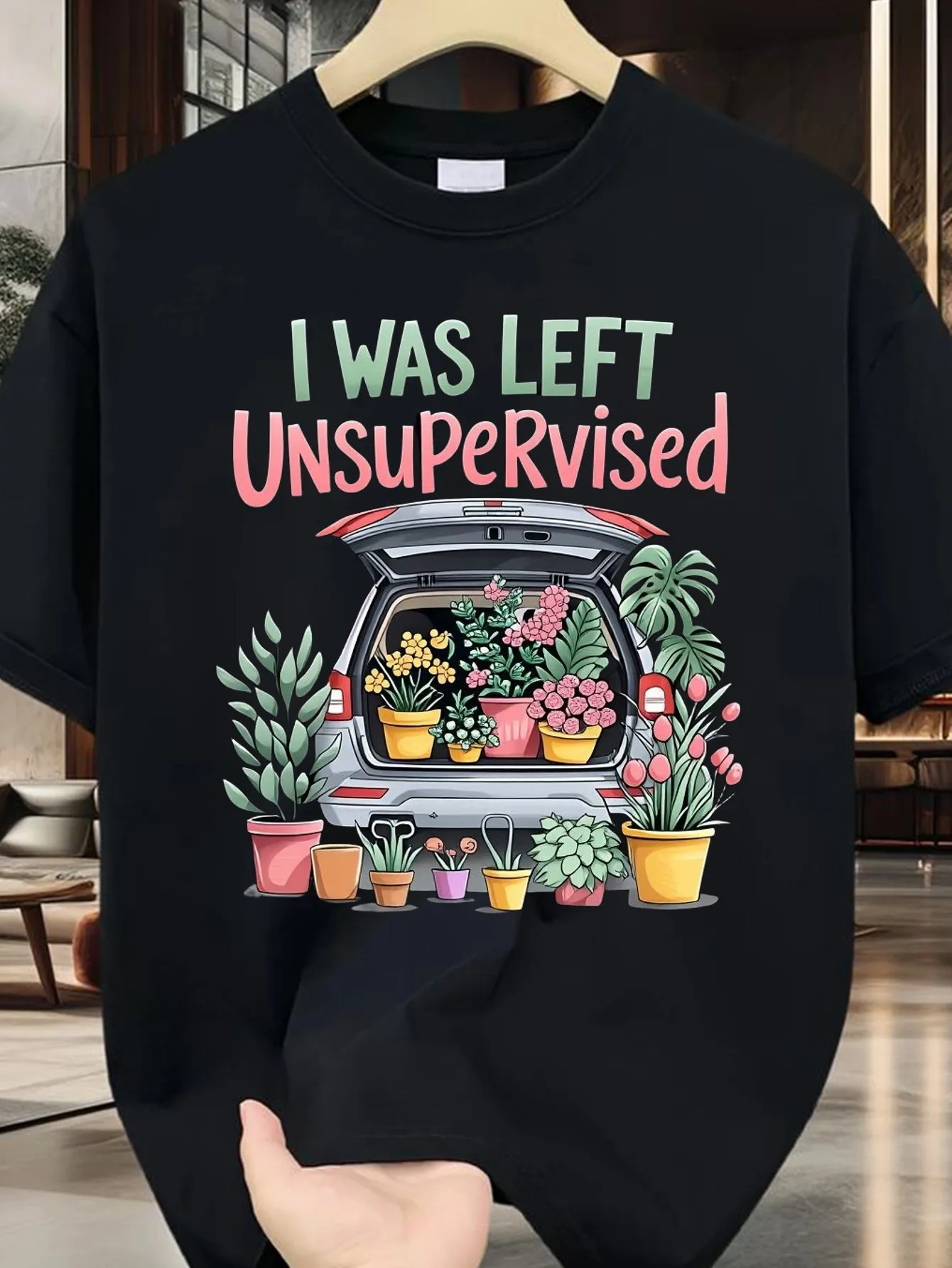 Funny Gardening T-Shirt- I Was Left Unattended Vintage Truck and Indoor Plant Pattern- Black Shirt with Blue Green Pink Font- Plant Killer Humorous Gift for Gardeners- Regular Fit Unisex Sizes