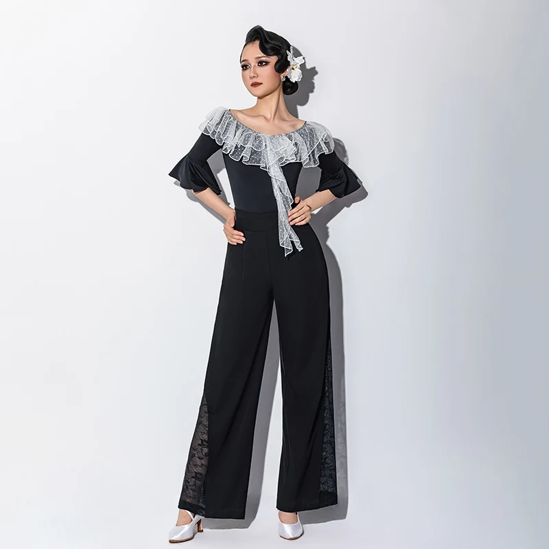 

Новинка 2025, двухслойное плюшевое боди для латинских танцев с рюшами, топ, современные брюки, одежда для латинских танцев, чача-румба, DQS20496