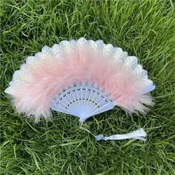 Abanicos plegables de plumas de estilo chino, accesorio suave y esponjoso para fiesta de boda, regalo de encaje de baile para niñas, Cosplay, decoración del hogar