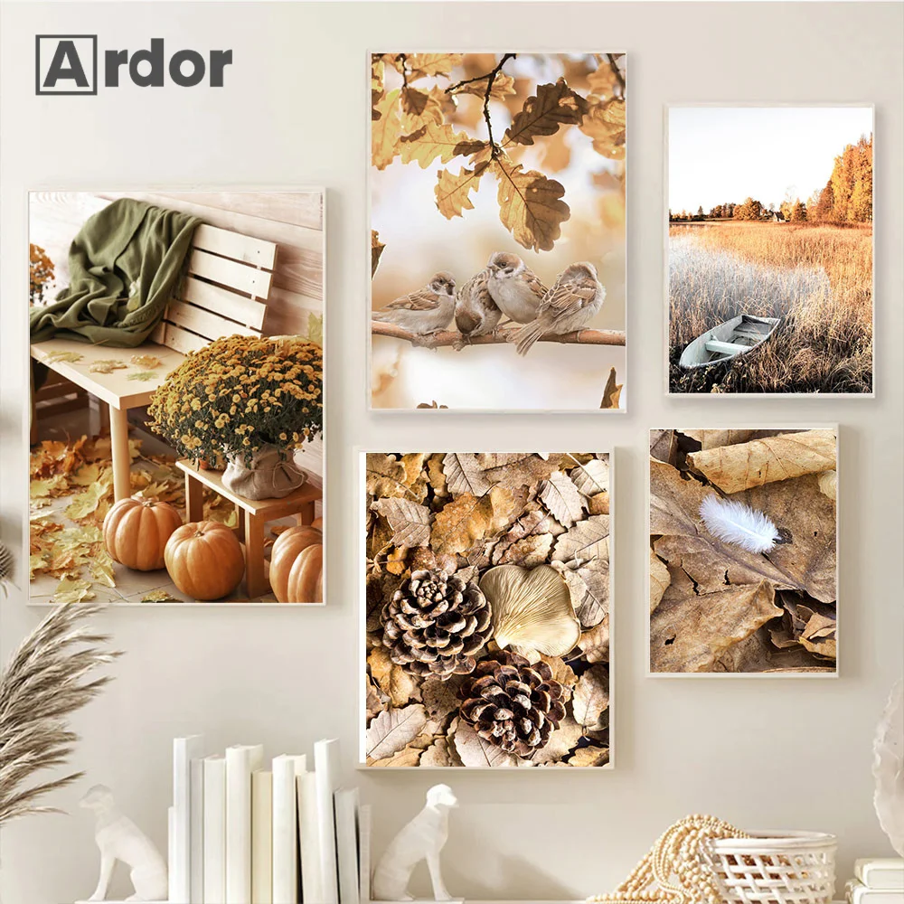 Modern Autumn Scenery Poster Maple Leaves Pumpkin Landscape Oil Canvas Painting Print Wall Art