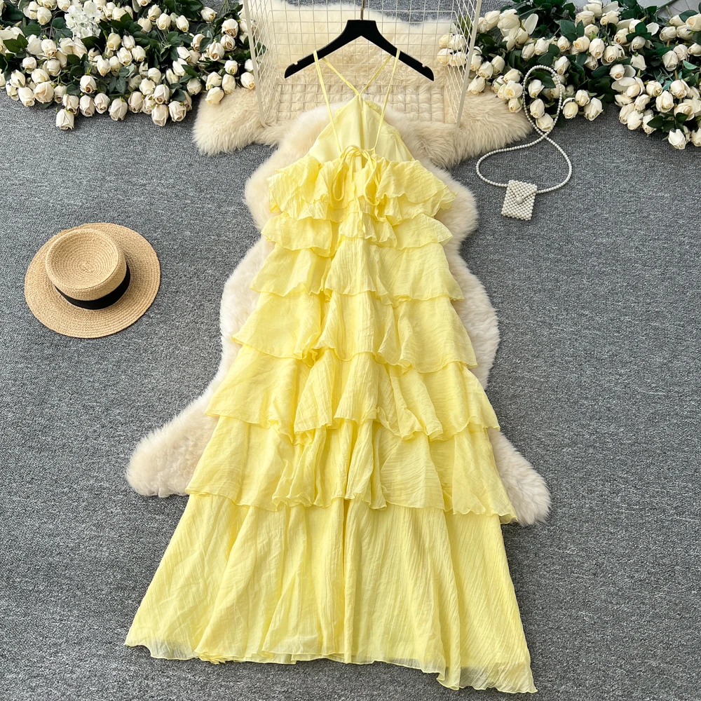 Chic vintage chiffon ruffle halter Ruched Elegant dress Fairy korean fashion Boho Sundress women clothing