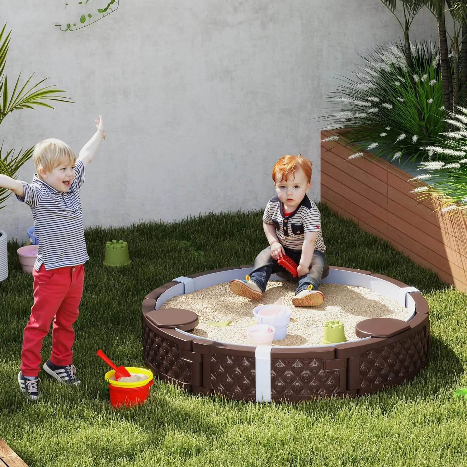 Sandbox per bambini con coperchio, grande fossa di sabbia rotonda da 47 "con 3 posti, fodera inferiore impermeabile, scatola di sabbia per esterni resistente alle intemperie