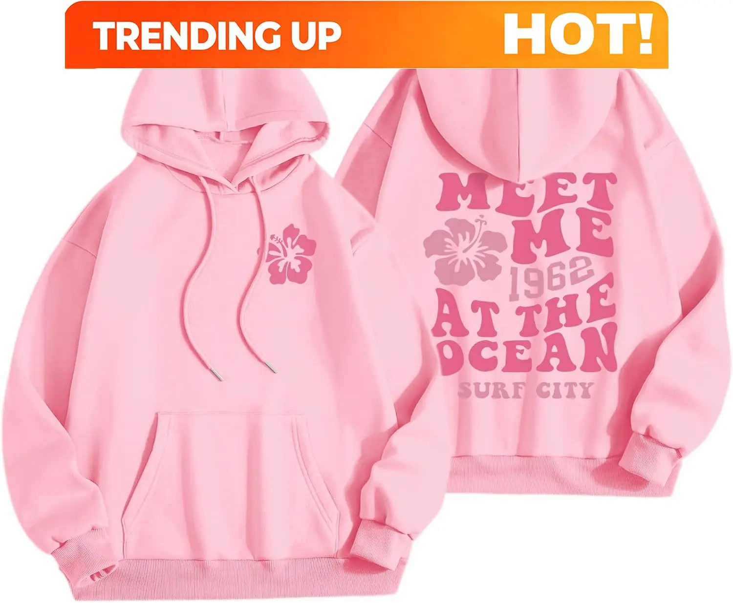 Cute Pink Flower Hoodie for Woman Preppy Sweatshirts Trendy Puff Print Letter Graphic Hoodies Casual Pullover Tops