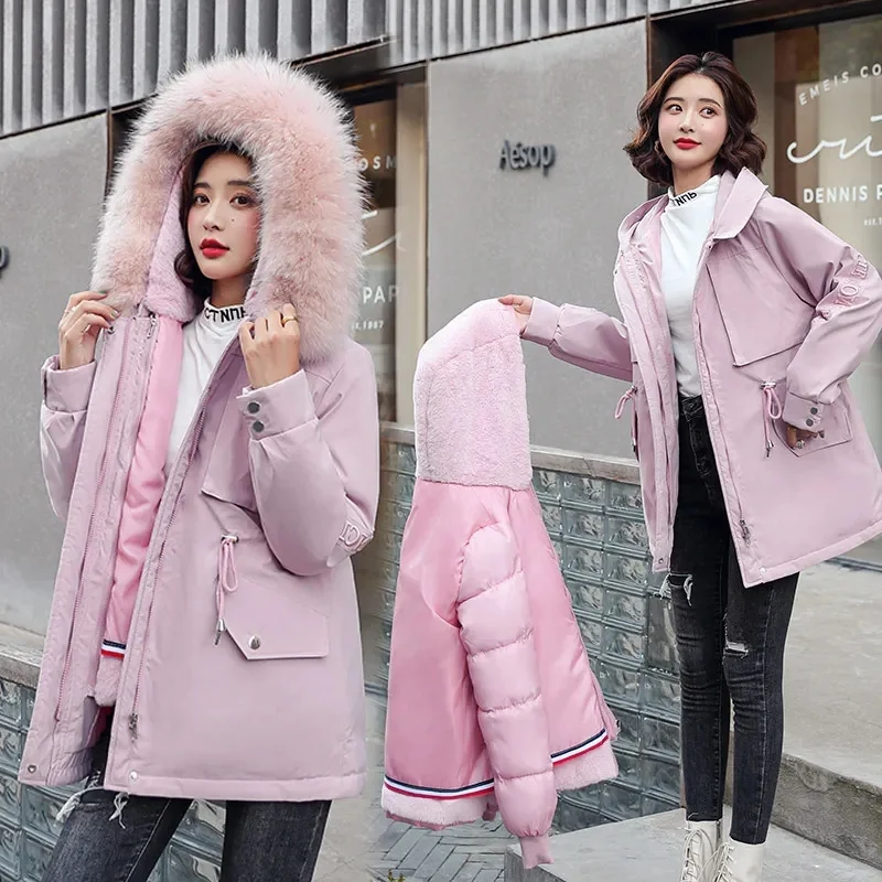 Winter Frauen Parka Mode Lang mantel Woll futter Kapuze Parkas Pelz kragen Jacke warmer Schnee tragen gepolsterte abnehmbare Kleidung