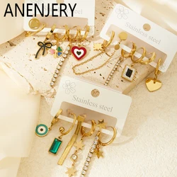 ANENJERY 316L Stainless Steel 6 Pieces Heart Eye Colorful Zircon Tassels Earrings For Women New Fashion Jewelry Gifts Wholesale