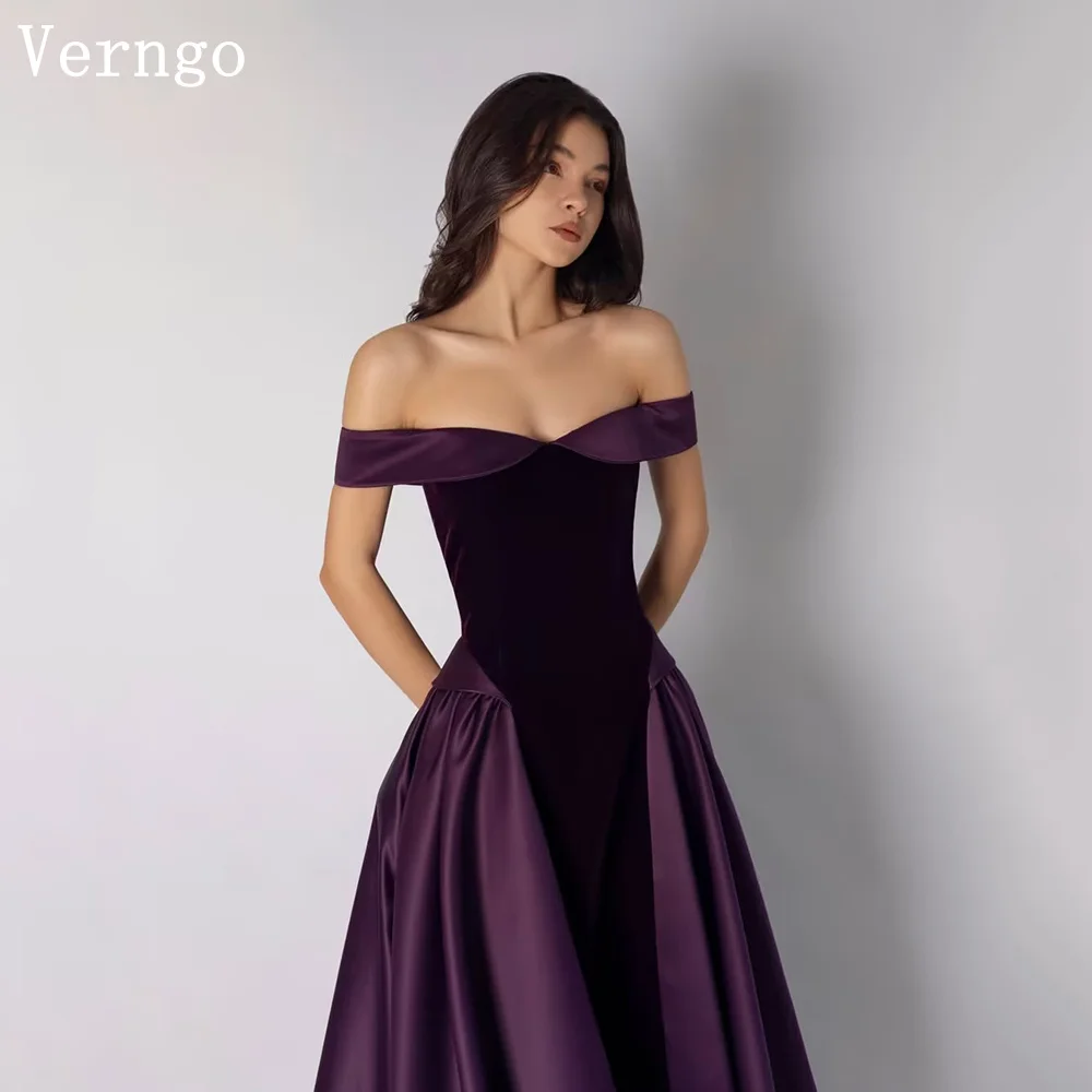 

Verngo Dark Purple Satin Evening Dress Off The Shoulder A Line Modern Prom Dress Elegant Prom Party Gowns Customized