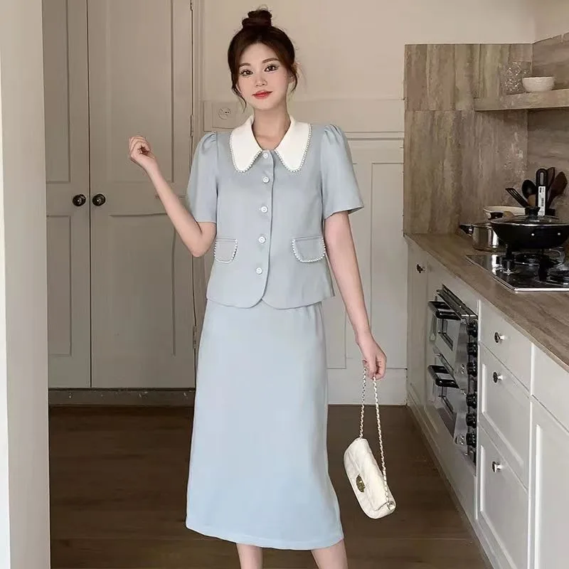 Insozkdg Summer French Sweet 2 Piece Set Women Temperament Contrast Color Small Fragrance Blazer Coat Crop Top + Mid Skirt Suits