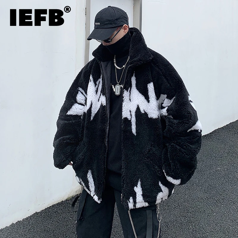 IEFB Autumn Winter Cotton Clothing Trend Men's Loose Fit Warm Letter Jacquard Lamb Wool Coat Korean Autumn New Overcoat 9C2339