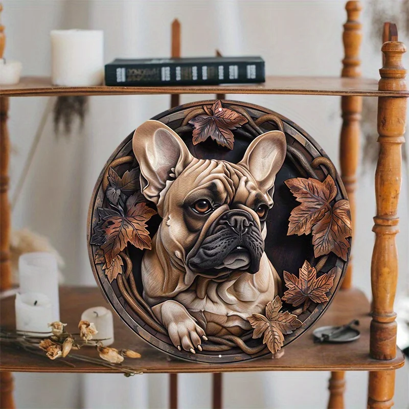 Decorative Circular Metal Plaque, French Bulldog, Premium Aluminum Construction, Ornate Pedestal Design, Home Decor, 8x8In, 1Pc