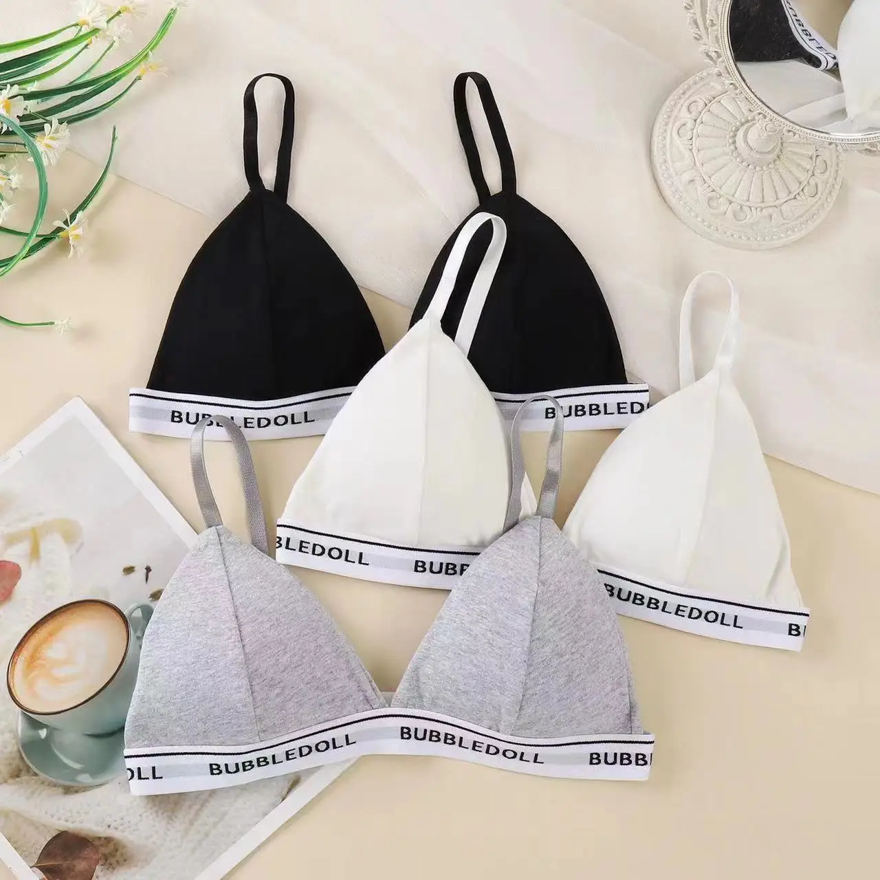 FINETOO Women Cotton Triangle Cups Bra Sexy Deep V Padded Brassiere Female Small Size Underwear Letter Push Up Lingerie Bralette