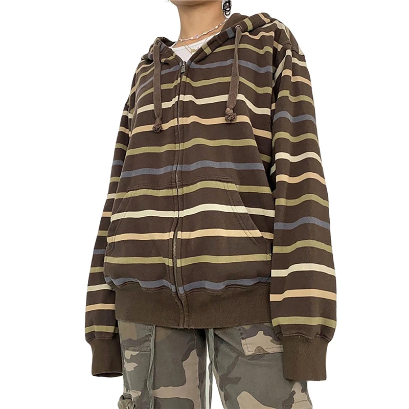 Aesthetic Sweatshirt Striped Long Sleeve Tops with Pockets Hoodie for Women Grunge Emo y2k Clothes Streetwear
