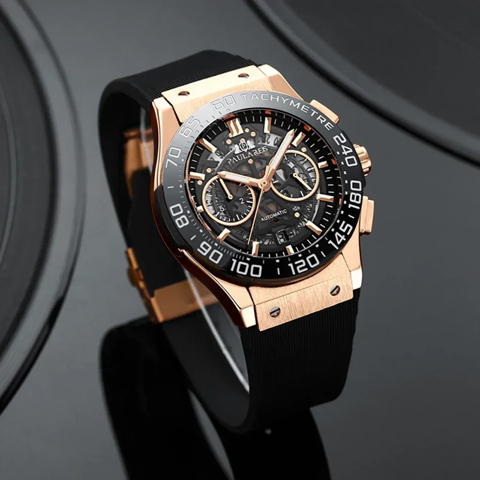 Chronograph Skeleton Ceramic Bezel Blue Luminous Automatic See Through Luxury Rose Gold Titanium Rubber Men Quartz Watch