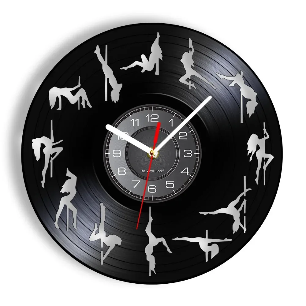 Pole Dance Wall Clock with LED Backlight Dancing Movement Gramophone Record Wall Watch Noiseless Black Hanging Decor Mood Lamp