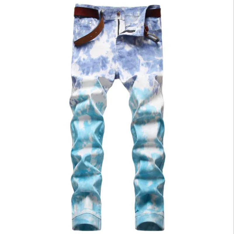 2024 Men Colorful Street Jeans Mens Slim Tie-dye Straight Biker Jeans Male Denim Casual Cotton Pants Vaqueros Hombre Jeans