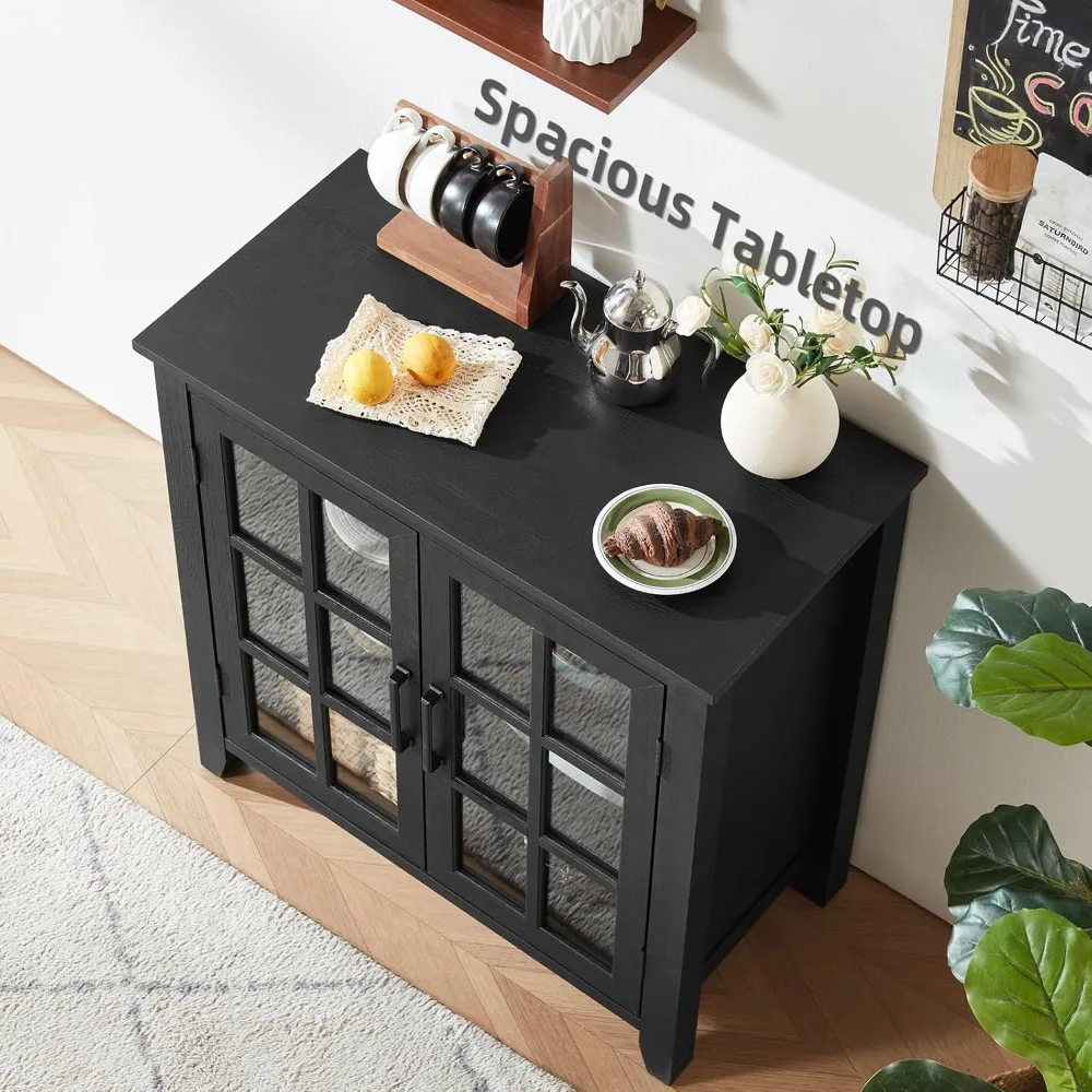 خزانة بوفيه جانبية كبيرة على طراز المزرعة مع مساحة تخزين، 32 خزانة بار نبيذ القهوة تتميز ببابين زجاجيين، مود منتصف القرن #3