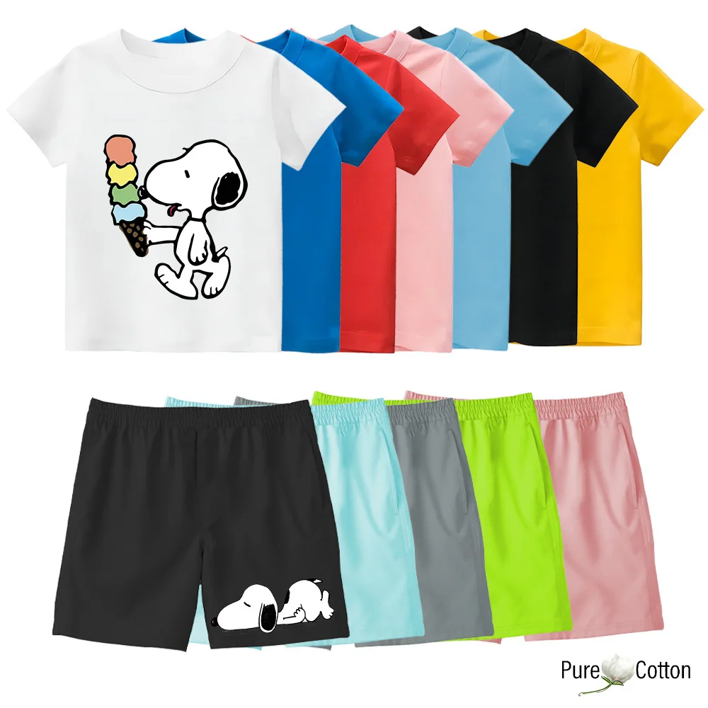 Children's Snoopy Fun Patterned Short Sleeve T-shirt set Summer Casual Sports beach shorts + T-shirt tops suit Boys cotton