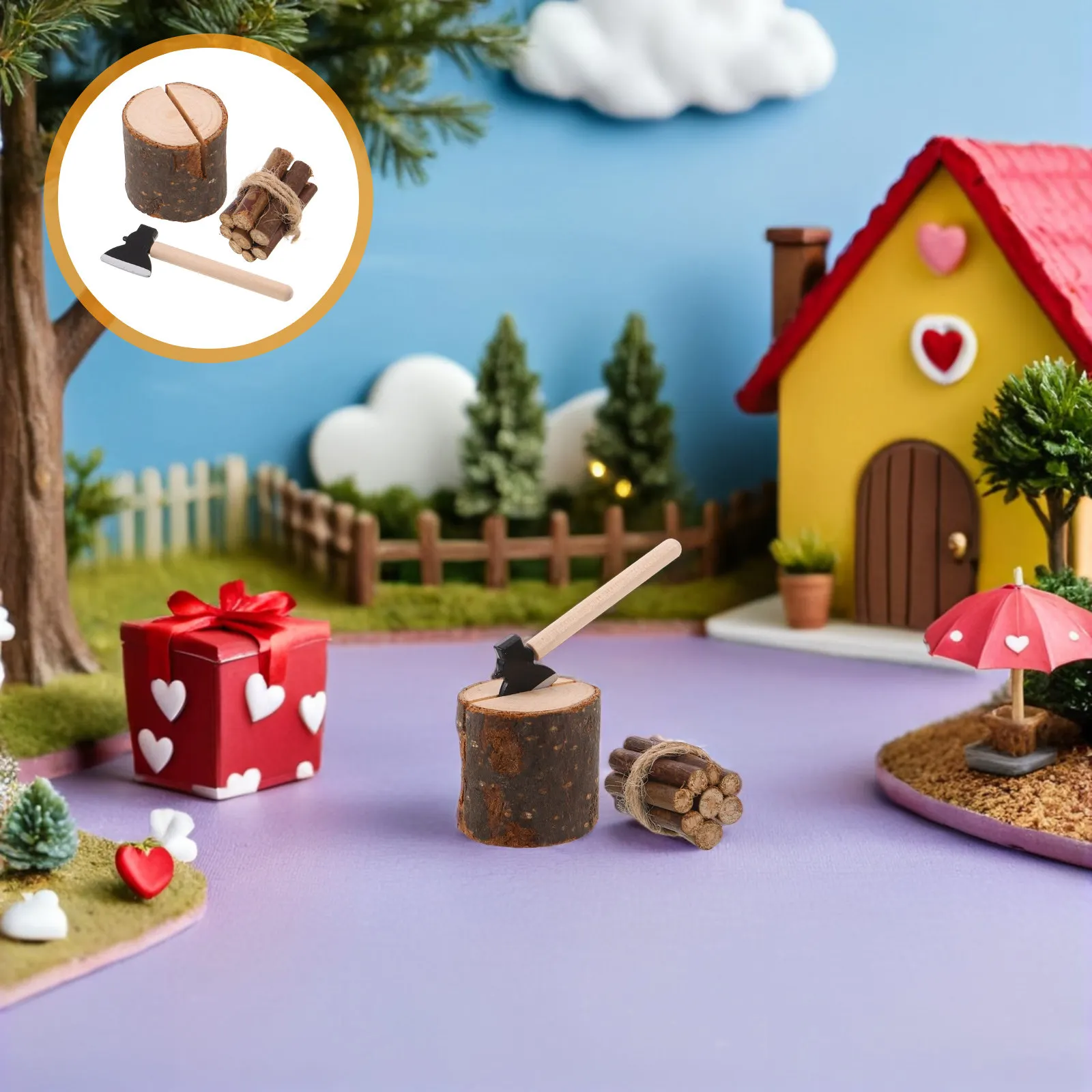 1Set Realistic Firewood Set Miniature Wood Chopper Tiny Hatchet Accessories for Fairy Garden Micro Landscape Dollhouse Camping
