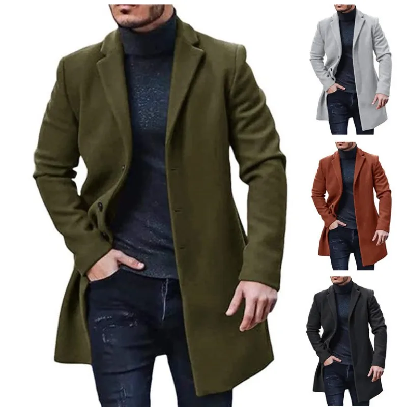 New Autumn Winter Men's Long-sleeve Lapel Single-breasted Jacket Woolen Solid Button Coats Casual Loose Men Simple Jackets