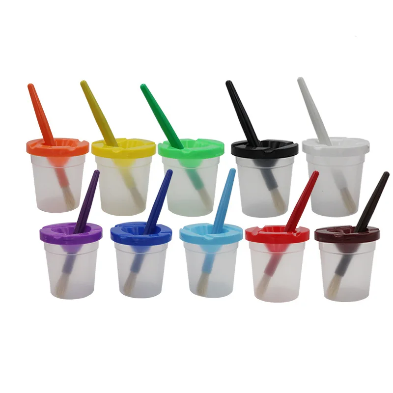 10 Piece Children\'s No Spill Paint Cups with Colored Lids and 10 Piece Large Round Brush Set with Plastic Handles