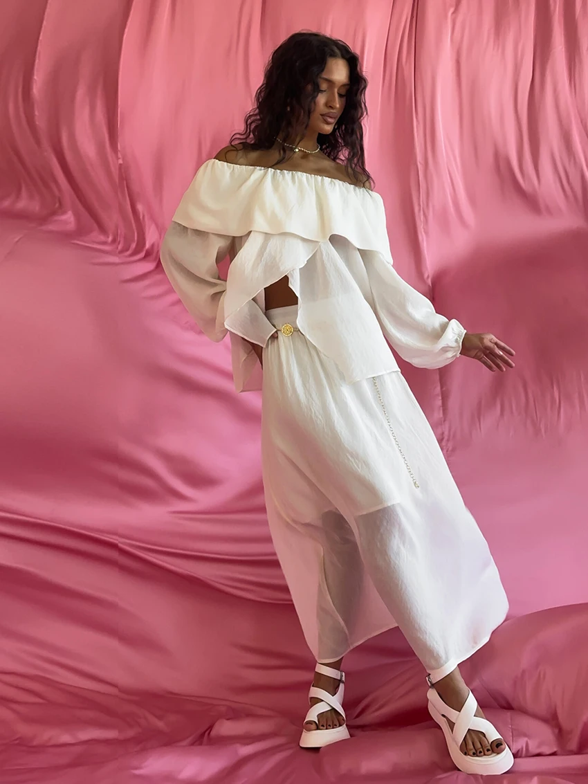 Marthaqiqi White Loose Ladies Nightgown Suit Long Sleeve Pajama Sexy Slash Neck Nightwear Long Skirts Casual Femme Sleepwear Set