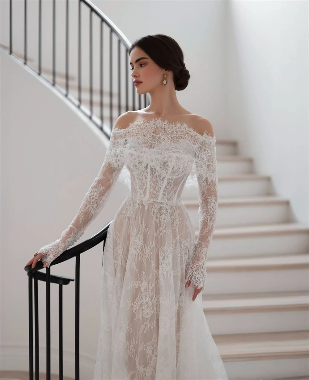 Vestidos De Novia De encaje blanco elegantes personalizados, Vestido De Novia bohemio sin tirantes De manga larga, Vestido De Novia De ensueño con corte en A