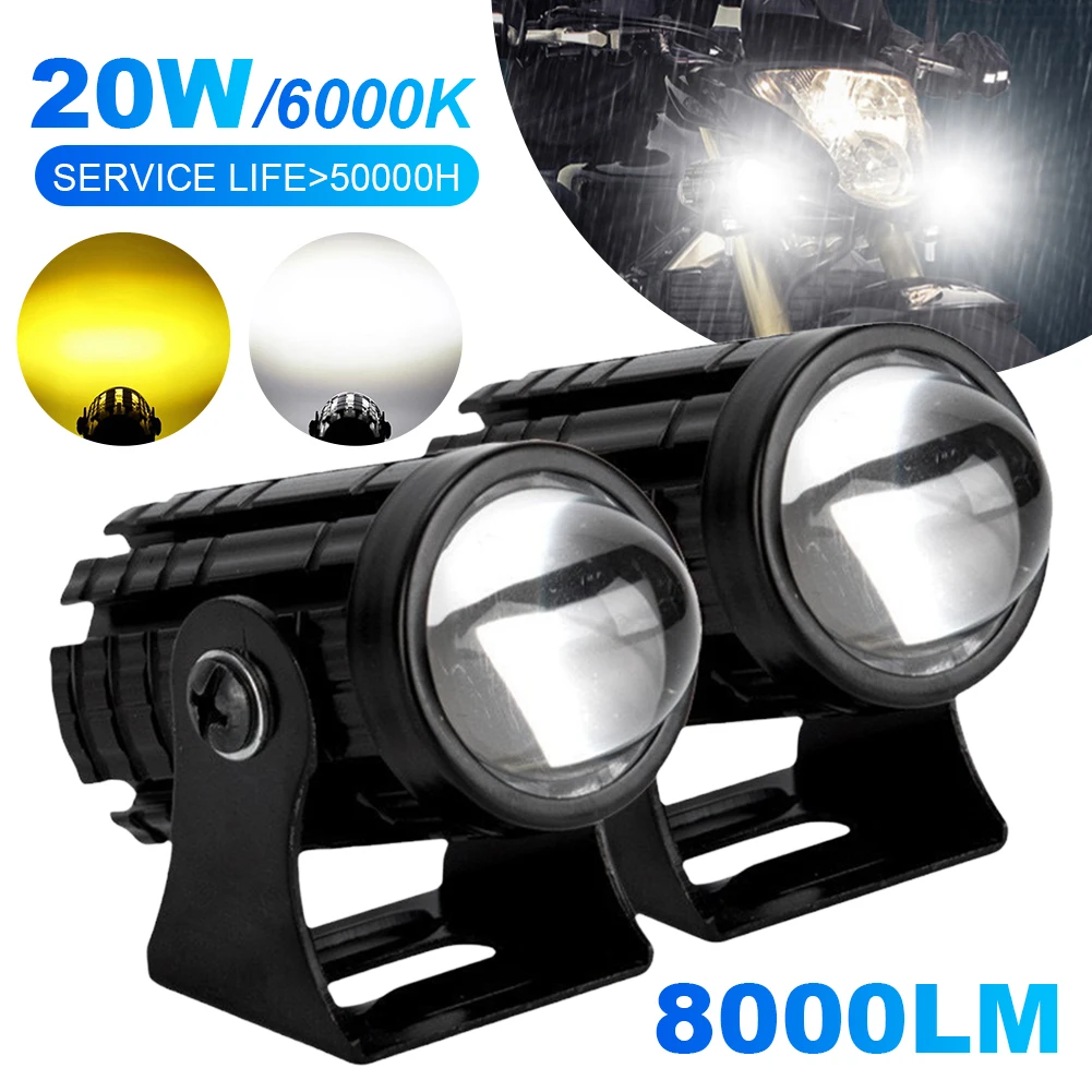 

2Pcs Auxiliary Drive Light Waterproof Hi-Lo Beam Driving Fog Lamp Headlamp 6000K/3000K Yellow+White for Scooter Bicycle ATV Cars