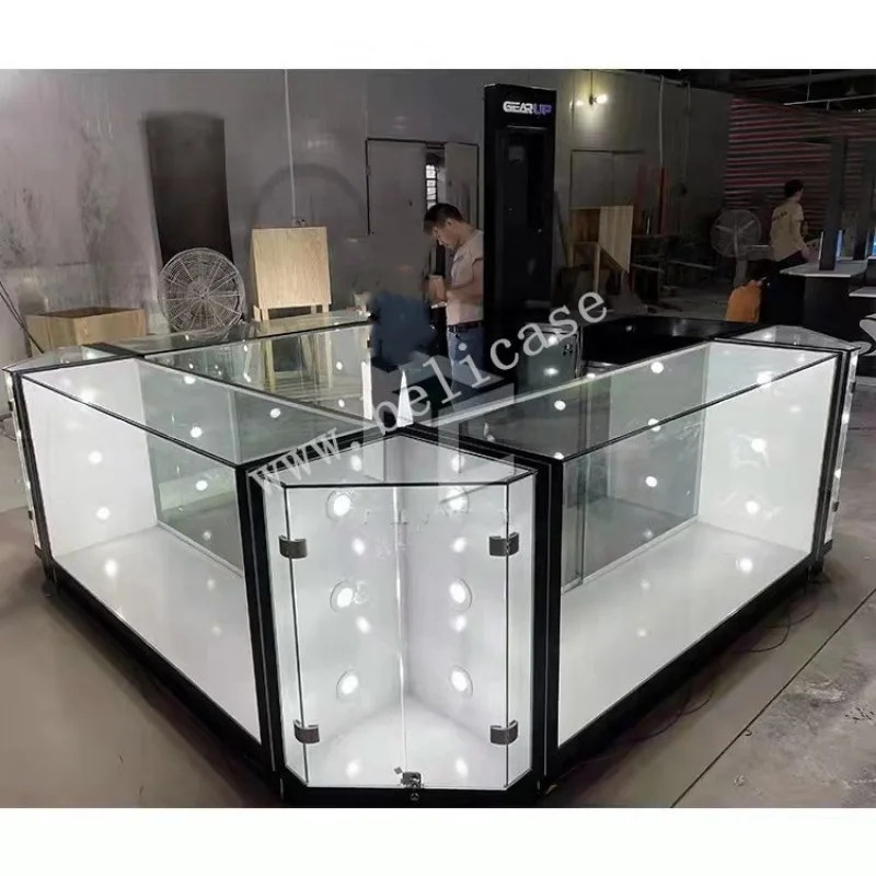 customized.Glass Display Cabinet Lockable Showcase Glass Counter LED Light Jewelry Perfume Kiosk