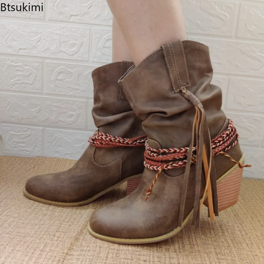 

2025 Women's Brown Western Boots Autumn and Winter High Heels Short Boots Retro Pointed Toe Chunky Heels Ankel Boots for Women