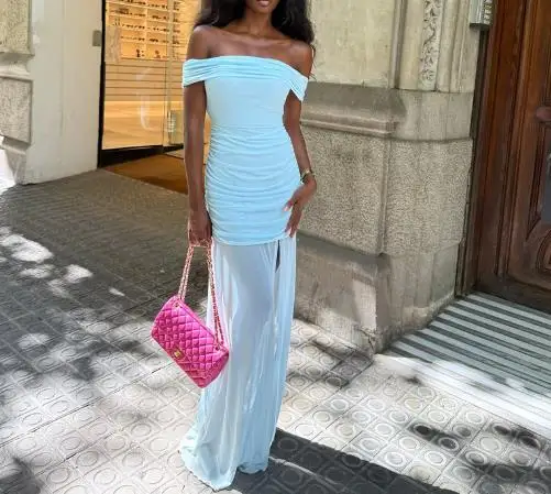 

Summer Solid Color Strapless Backless Pleated Skirt for Women, Sexy and Elegant Pleated Hip Hugging One-Piece Collar Dress