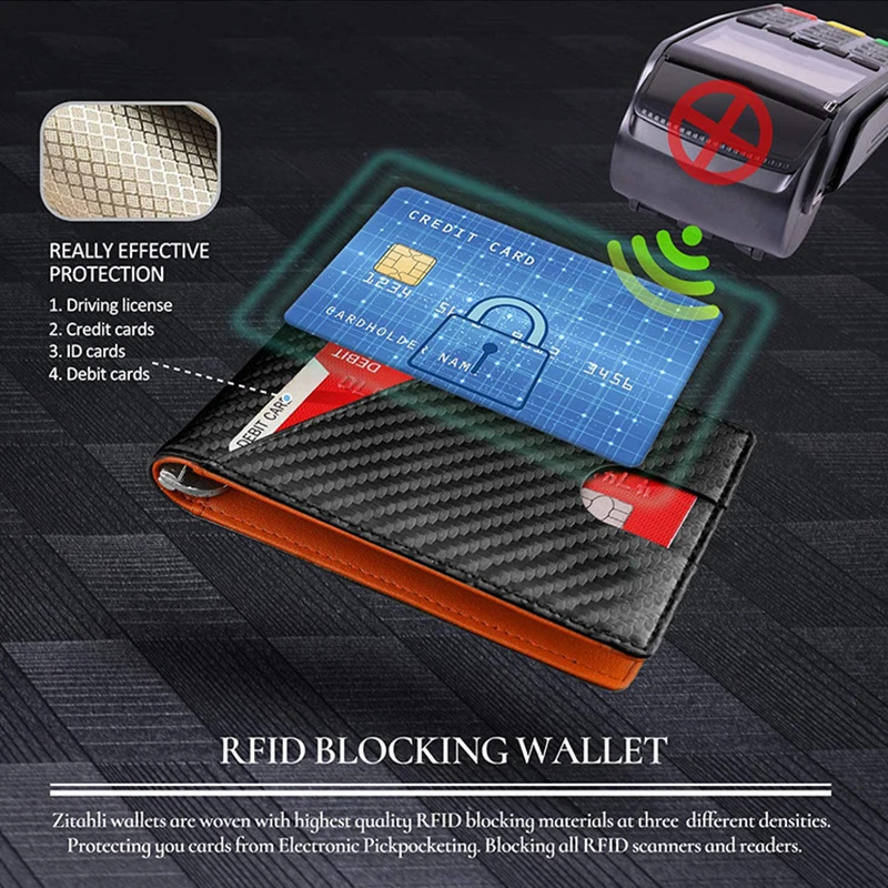 Uhlík vlákno RFID muži wallets valuta brašna štíhlý hubený karta muž náprsní taška luxusní pánský malý krátký měšec bi-fold vallet billfold